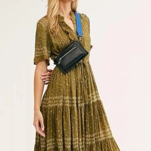 Free People Rare Feelings Tiered Printed Tassels Tie Dress